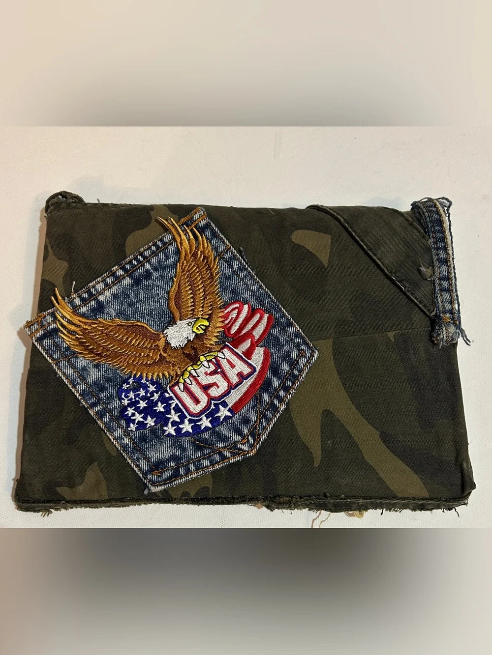 Handmade Upcycled Denim Camo Patriotic Clutch Wristlet USA Flag Eagle Military